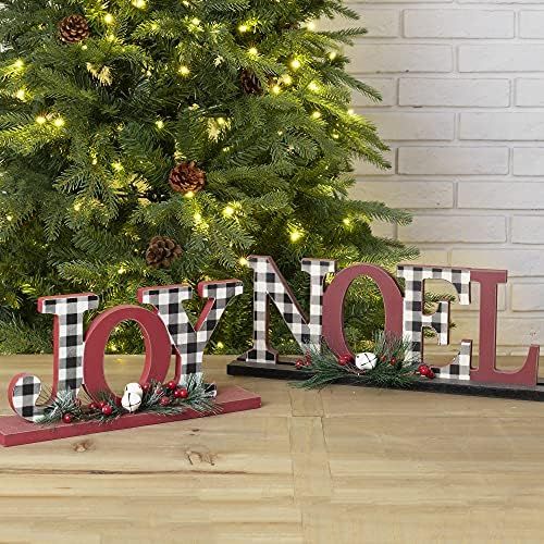  glitzhome Joy Noel Christmas Centerpiece Table Decorations Set of 2 Wooden Plaid Joy Noel Decorative Display Sign on Table Fireplace Christmas Table Decor Rustic Xmas Desk Decor fo