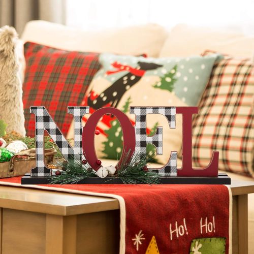  glitzhome Joy Noel Christmas Centerpiece Table Decorations Set of 2 Wooden Plaid Joy Noel Decorative Display Sign on Table Fireplace Christmas Table Decor Rustic Xmas Desk Decor fo