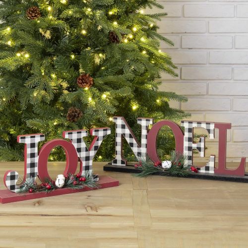  glitzhome Joy Noel Christmas Centerpiece Table Decorations Set of 2 Wooden Plaid Joy Noel Decorative Display Sign on Table Fireplace Christmas Table Decor Rustic Xmas Desk Decor fo