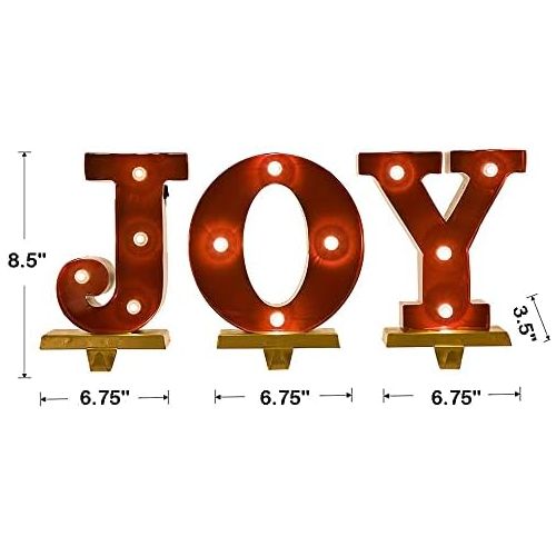  glitzhome 8.5 H Christmas Stocking Holders for Mantle Metal Marquee LED Joy Stocking Holder Stocking Hangers Battery Operated Decorative Fireplace Stocking Holders Seasonal Decor