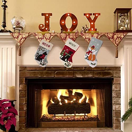  glitzhome 8.5 H Christmas Stocking Holders for Mantle Metal Marquee LED Joy Stocking Holder Stocking Hangers Battery Operated Decorative Fireplace Stocking Holders Seasonal Decor