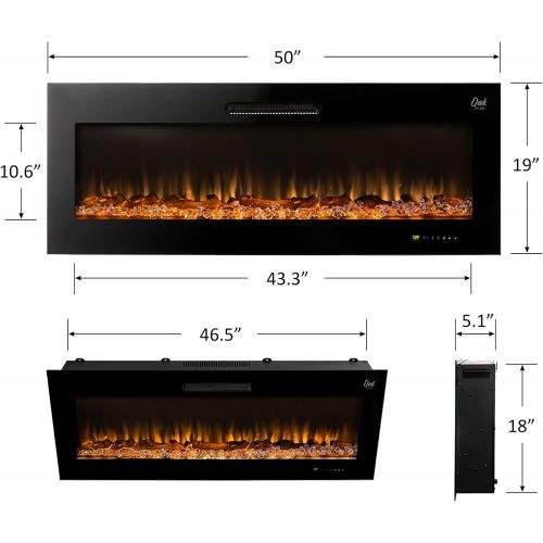  Glitzhome Wall Mounted or Recessed Electric Fireplace with Remote Control Touch Screen - Adjustable 9 Color Flames-Faux Log & Crystal Decorated, 50 Inch, Black - GH20270