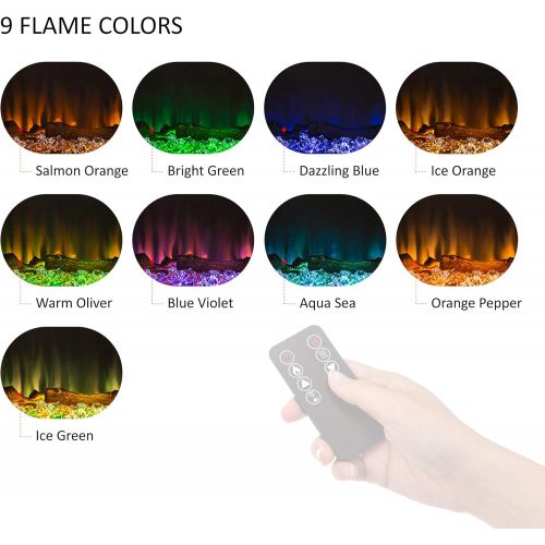  Glitzhome Wall Mounted or Recessed Electric Fireplace with Remote Control Touch Screen - Adjustable 9 Color Flames-Faux Log & Crystal Decorated, 50 Inch, Black - GH20270