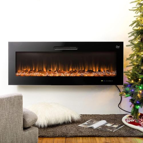  Glitzhome Wall Mounted or Recessed Electric Fireplace with Remote Control Touch Screen - Adjustable 9 Color Flames-Faux Log & Crystal Decorated, 50 Inch, Black - GH20270