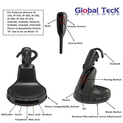  Global Teck Worldwide Polycom Phone and PC Wireless V200 Headset Bundle wEHS | SoundPoint Phones: IP335, IP430, IP450, IP550, IP560, IP650, IP670, VVX101, VVX201, VVX300, VVX500, VVX310, VVX600, VVX400