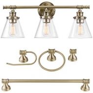 Globe Electric 51381 Parker 5-Piece All-In-One Bathroom Set, 3-Light Vanity, Bar, Towel Ring, Robe Hook, Toilet Paper, Antique Brass