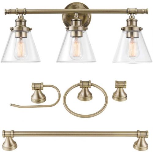  Globe Electric 51381 Parker 5-Piece All-In-One Bathroom Set, 3-Light Vanity, Bar, Towel Ring, Robe Hook, Toilet Paper, Antique Brass