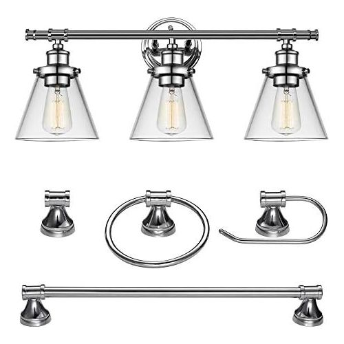  Globe Electric 51234 5-Piece Parker All-in-One Bath Set, 3-Light Vanity, Bar, Towel Ring, Robe Hook, Toilet Paper Holder, Chrome Finish