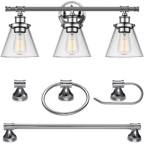  Globe Electric 51234 5-Piece Parker All-in-One Bath Set, 3-Light Vanity, Bar, Towel Ring, Robe Hook, Toilet Paper Holder, Chrome Finish