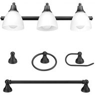Globe Electric 51227 Jayden 5-Piece All-In-One Bathroom Set, Oil Rubbed Bronze, 3-Light Vanity Light with Frosted Glass Shades, Towel Bar, Toilet Paper Holder, Towel Ring, Robe Hoo