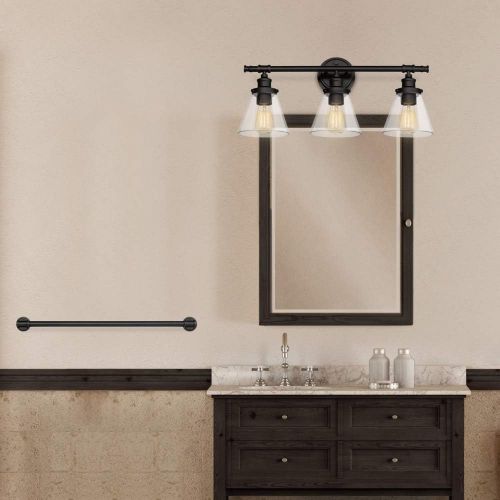  Globe Electric Parker 5-Piece All-in-One Bathroom Set, Oil Rubbed Bronze, 3-Light Vanity Light with Clear Glass Shades, Towel Bar, Towel Ring, Robe Hook, Toilet Paper Holder,50192