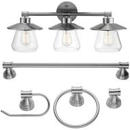 Globe Electric 51495 Nate 5-Piece All-in-One Bathroom Set, Brushed Steel, 3 Vanity Light with Clear Glass Shades, Bar, Towel Ring, Robe Hook, Toilet Paper Holder