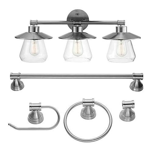  Globe Electric 51495 Nate 5-Piece All-in-One Bathroom Set, Brushed Steel, 3 Vanity Light with Clear Glass Shades, Bar, Towel Ring, Robe Hook, Toilet Paper Holder