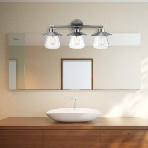  Globe Electric 51495 Nate 5-Piece All-in-One Bathroom Set, Brushed Steel, 3 Vanity Light with Clear Glass Shades, Bar, Towel Ring, Robe Hook, Toilet Paper Holder