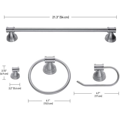  Globe Electric 51495 Nate 5-Piece All-in-One Bathroom Set, Brushed Steel, 3 Vanity Light with Clear Glass Shades, Bar, Towel Ring, Robe Hook, Toilet Paper Holder