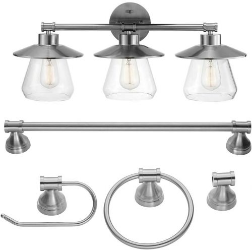  Globe Electric 51495 Nate 5-Piece All-in-One Bathroom Set, Brushed Steel, 3 Vanity Light with Clear Glass Shades, Bar, Towel Ring, Robe Hook, Toilet Paper Holder