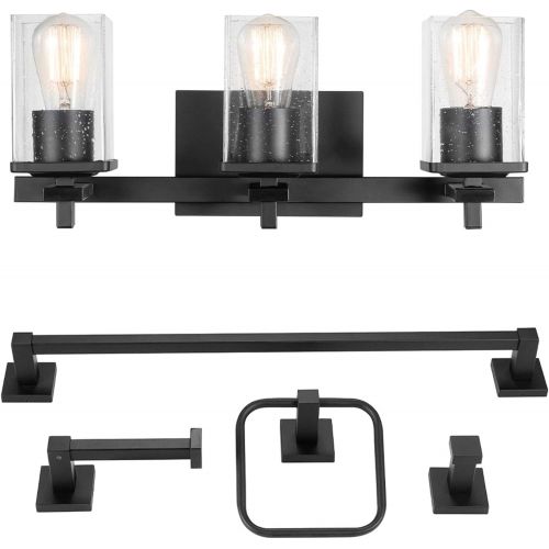  Globe Electric 51634 Dakota 5-Piece All-in-One Bathroom Set 3 Vanity Light with Seeded Glass Shades, Bar, Toilet Paper Holder, Towel Ring, Robe Hook, Matte Black