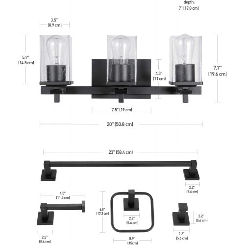  Globe Electric 51634 Dakota 5-Piece All-in-One Bathroom Set 3 Vanity Light with Seeded Glass Shades, Bar, Toilet Paper Holder, Towel Ring, Robe Hook, Matte Black