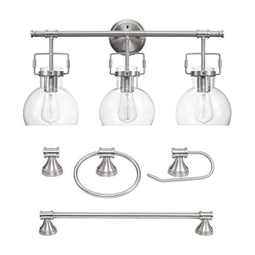  Globe Electric 51299 Walker 5-Piece All-In-One Bathroom Set, Brushed Nickel, 3-Light Vanity Light with Clear Glass Shades, Towel Bar, Towel Ring, Robe Hook, Toilet Paper Holder