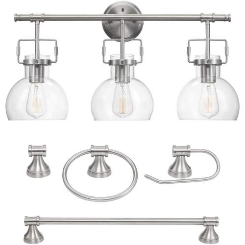  Globe Electric 51299 Walker 5-Piece All-In-One Bathroom Set, Brushed Nickel, 3-Light Vanity Light with Clear Glass Shades, Towel Bar, Towel Ring, Robe Hook, Toilet Paper Holder