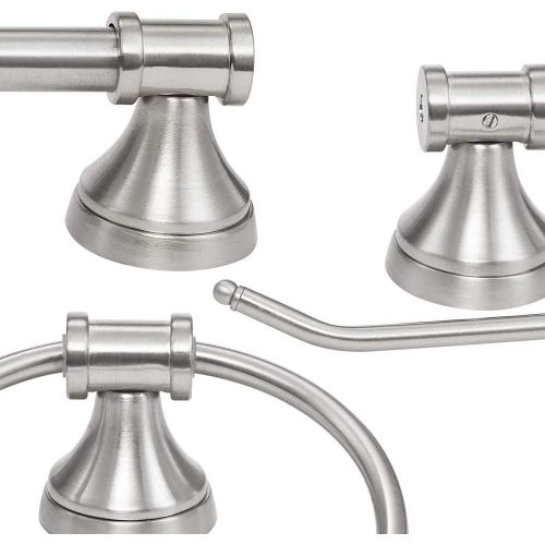  Globe Electric 51299 Walker 5-Piece All-In-One Bathroom Set, Brushed Nickel, 3-Light Vanity Light with Clear Glass Shades, Towel Bar, Towel Ring, Robe Hook, Toilet Paper Holder