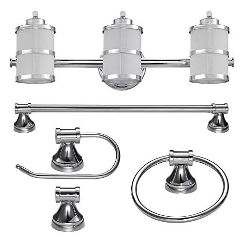  Globe Electric 51285 Kennewick 5-Piece All-In-One Bath Set, Polished Chrome Finish, 3-Light Vanity Light, Towel Bar, Towel Ring, Toilet Paper Holder, Robe Hook