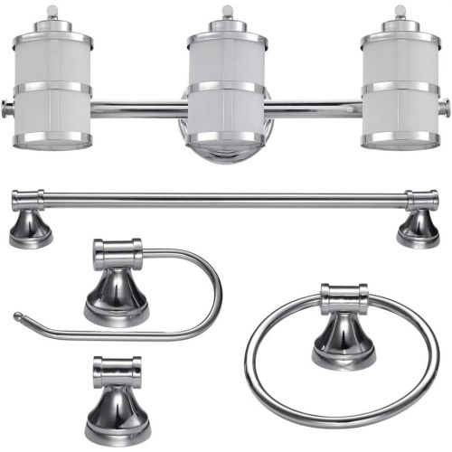  Globe Electric 51285 Kennewick 5-Piece All-In-One Bath Set, Polished Chrome Finish, 3-Light Vanity Light, Towel Bar, Towel Ring, Toilet Paper Holder, Robe Hook