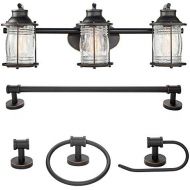 Globe Electric 51549 Bayfield 5-Piece All-in-One Bathroom Set, 3 Vanity Light with Ribbed Shades, Bar, Towel Ring, Robe Hook, Toilet Paper Holder, Oil Rubbed Bronze with Seeded Gla