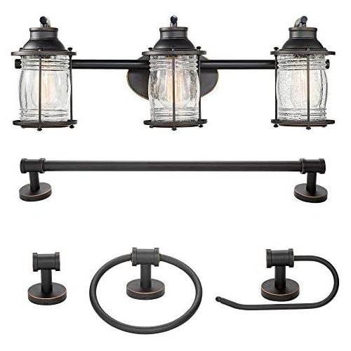  Globe Electric 51549 Bayfield 5-Piece All-in-One Bathroom Set, 3 Vanity Light with Ribbed Shades, Bar, Towel Ring, Robe Hook, Toilet Paper Holder, Oil Rubbed Bronze with Seeded Gla