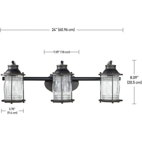  Globe Electric 51549 Bayfield 5-Piece All-in-One Bathroom Set, 3 Vanity Light with Ribbed Shades, Bar, Towel Ring, Robe Hook, Toilet Paper Holder, Oil Rubbed Bronze with Seeded Gla