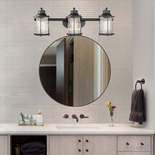  Globe Electric 51549 Bayfield 5-Piece All-in-One Bathroom Set, 3 Vanity Light with Ribbed Shades, Bar, Towel Ring, Robe Hook, Toilet Paper Holder, Oil Rubbed Bronze with Seeded Gla