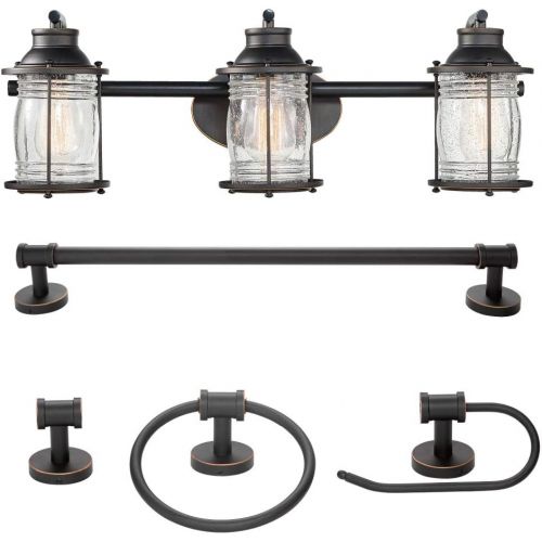  Globe Electric 51549 Bayfield 5-Piece All-in-One Bathroom Set, 3 Vanity Light with Ribbed Shades, Bar, Towel Ring, Robe Hook, Toilet Paper Holder, Oil Rubbed Bronze with Seeded Gla