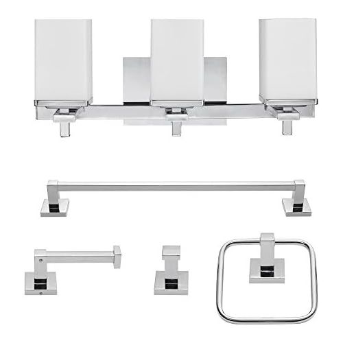  Globe Electric 59221 Finn 5-Piece All-in-One Bath Set, 3-Light Vanity, Bar, Towel Ring, Robe Hook, Toilet Paper Holder, 8.07, Polished Chrome