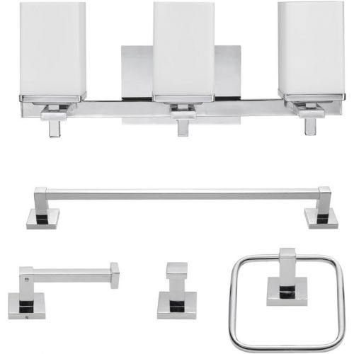  Globe Electric 59221 Finn 5-Piece All-in-One Bath Set, 3-Light Vanity, Bar, Towel Ring, Robe Hook, Toilet Paper Holder, 8.07, Polished Chrome