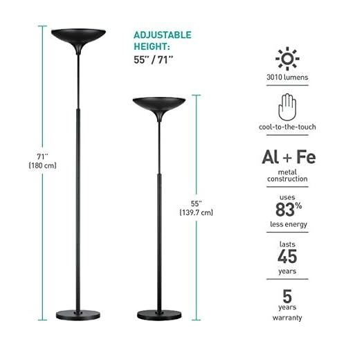  Globe Electric 12784 LED Floor Lamp Torchiere, Energy Star Certified, Dimmable Super Bright, 43W, 3000 Lumens, 1x 43W Integrated LED, 12.99 x 12.99 x 70.9, Black Satin Finish