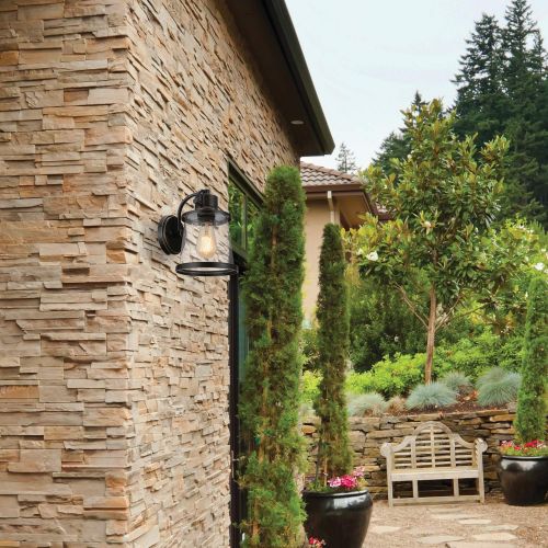  Globe Electric Charlie 1-Light Oil Rubbed Bronze LED Outdoor Wall Mount Sconce with Clear Seeded Glass Shade 44127