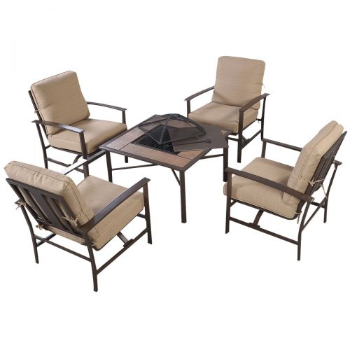  Globe House Products GHP Outdoor Patio 5-Piece Chair & BBQ Stove Fire Pit Table Furniture Set w Umbrella