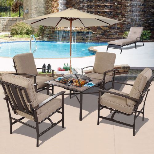  Globe House Products GHP Outdoor Patio 5-Piece Chair & BBQ Stove Fire Pit Table Furniture Set w Umbrella