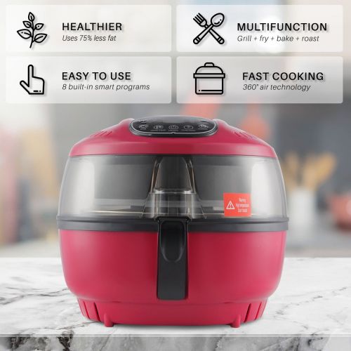  Globe House Products GHP 6-Liter Fryer Pan Capacity 1200W Red Electric Air Fryer Rotisserie with Basket