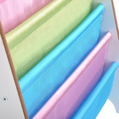  Globe House Products GHP White Kids Pocket Canvas Book Shelf Sling Storage Organizer with 2 Side Boards