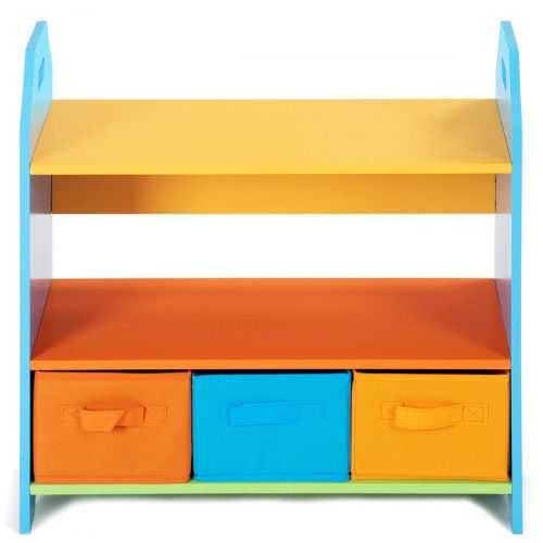  Globe House Products GHP 23.5x11x23.5 MDF & Fabric Kids Bookshelf with 2-Tier Shelves & 3 Storage Bins