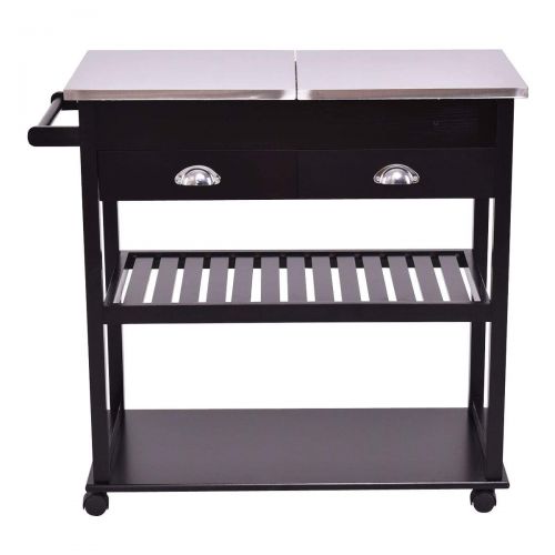  Globe House Products GHP Dark Brown MDF Panel Stainless Steel Kitchen Trolley Cart w 2 Drawer & 2 Shelves