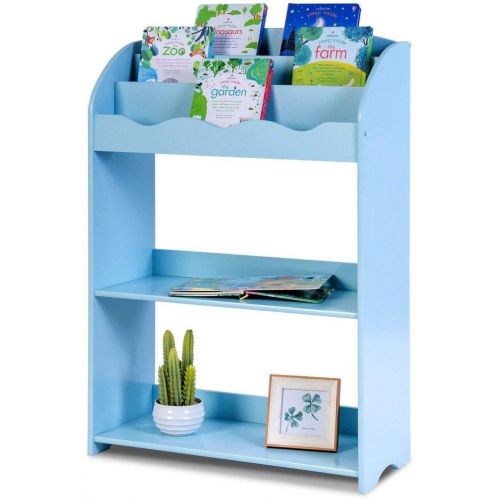  Globe House Products GHP 24.5x11x35.5 Blue MDF P2 Non-Toxic Smooth Edges 3-Tier Shelf Kids Bookshelf