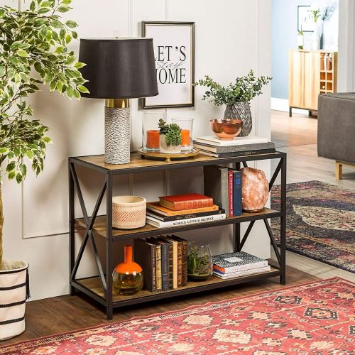  Globe House Products GHP 16x40x26 Brown Grey & Tan Laminate MDF & Metal X-Frame Design 3-Shelf Bookshelf