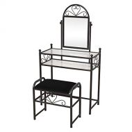Globe House Products GHP 30.31x14.37x55.63 Black Iron Vanity 2-Layer Shelf Glass Table Dresser w Stool