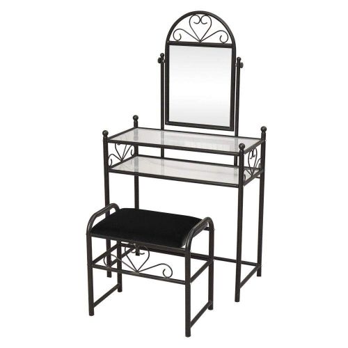  Globe House Products GHP 30.31x14.37x55.63 Black Iron Vanity 2-Layer Shelf Glass Table Dresser w Stool