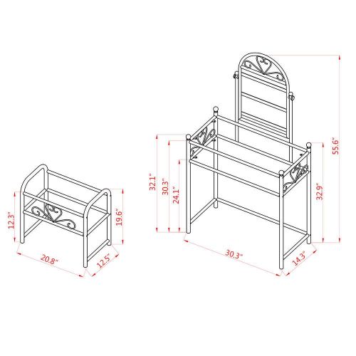  Globe House Products GHP 30.31x14.37x55.63 Black Iron Vanity 2-Layer Shelf Glass Table Dresser w Stool