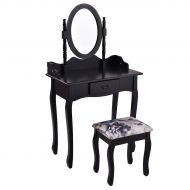 Globe House Products GHP Black MDF Panel Vanity Makeup Dressing Table with Drawer Rotating Mirror & Stool