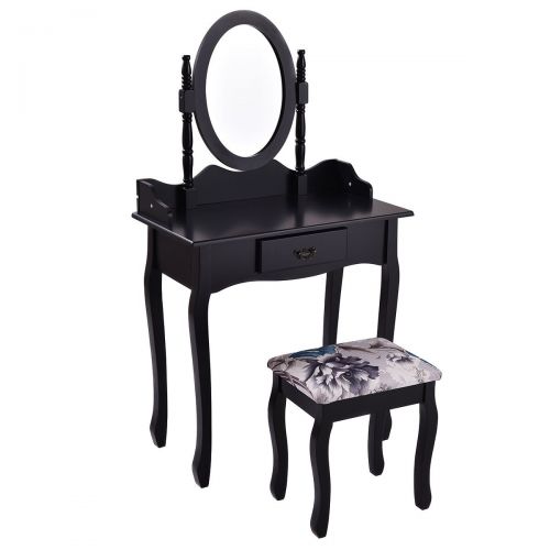  Globe House Products GHP Black MDF Panel Vanity Makeup Dressing Table with Drawer Rotating Mirror & Stool