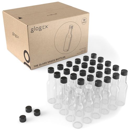  Glogex Empty Glass Hot Sauce Bottles (30 Pack, 5 Oz) with Leak Proof Black Screw Caps and Snap On Dripper Inserts